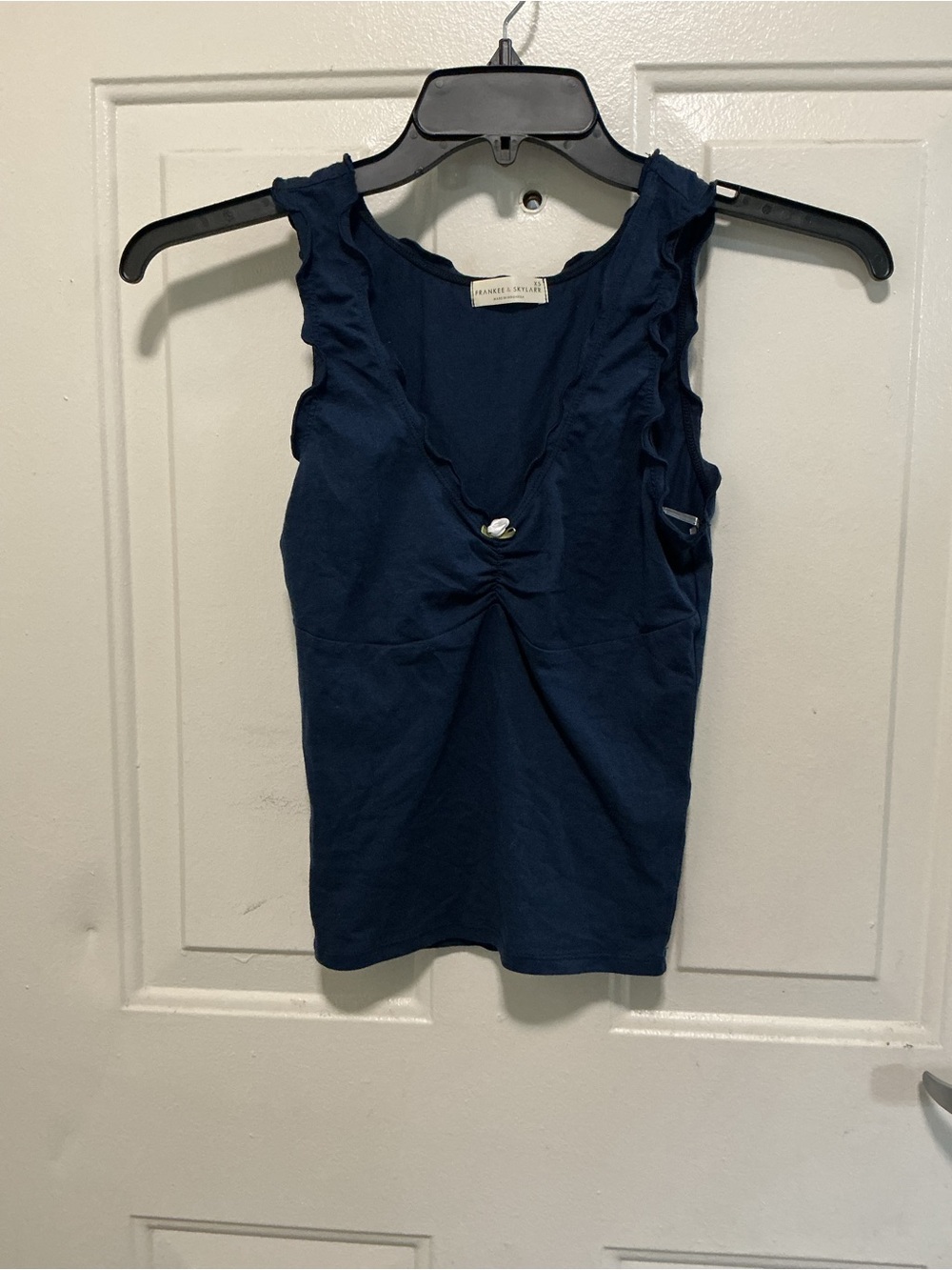 Frankee & Skylarr Navy Ruffle-Trim V-Neck Tank